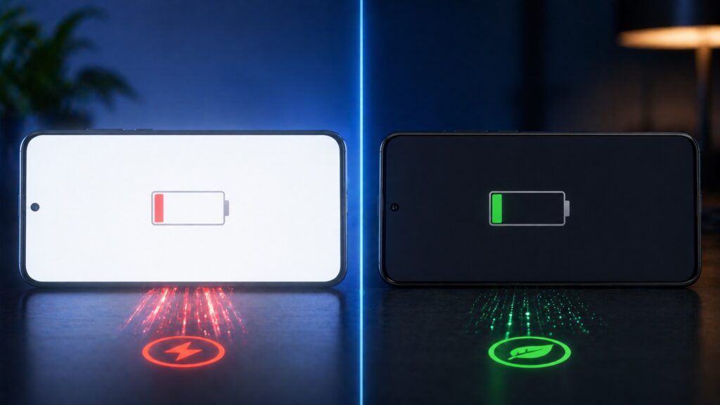 Ekran parlaklığı yüksek olan Android telefon ile karanlık mod kullanan telefon karşılaştırması